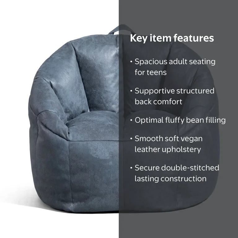 Big Joe Joey Adult-Sized Bean Bag Chair, Basalt Blue, Faux Leather