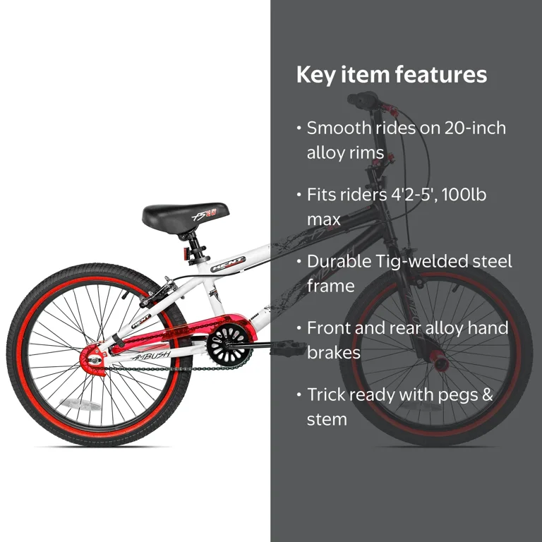 Kent Youth Ambush BMX Bike, 20-Inch, Black/White with Red Rim