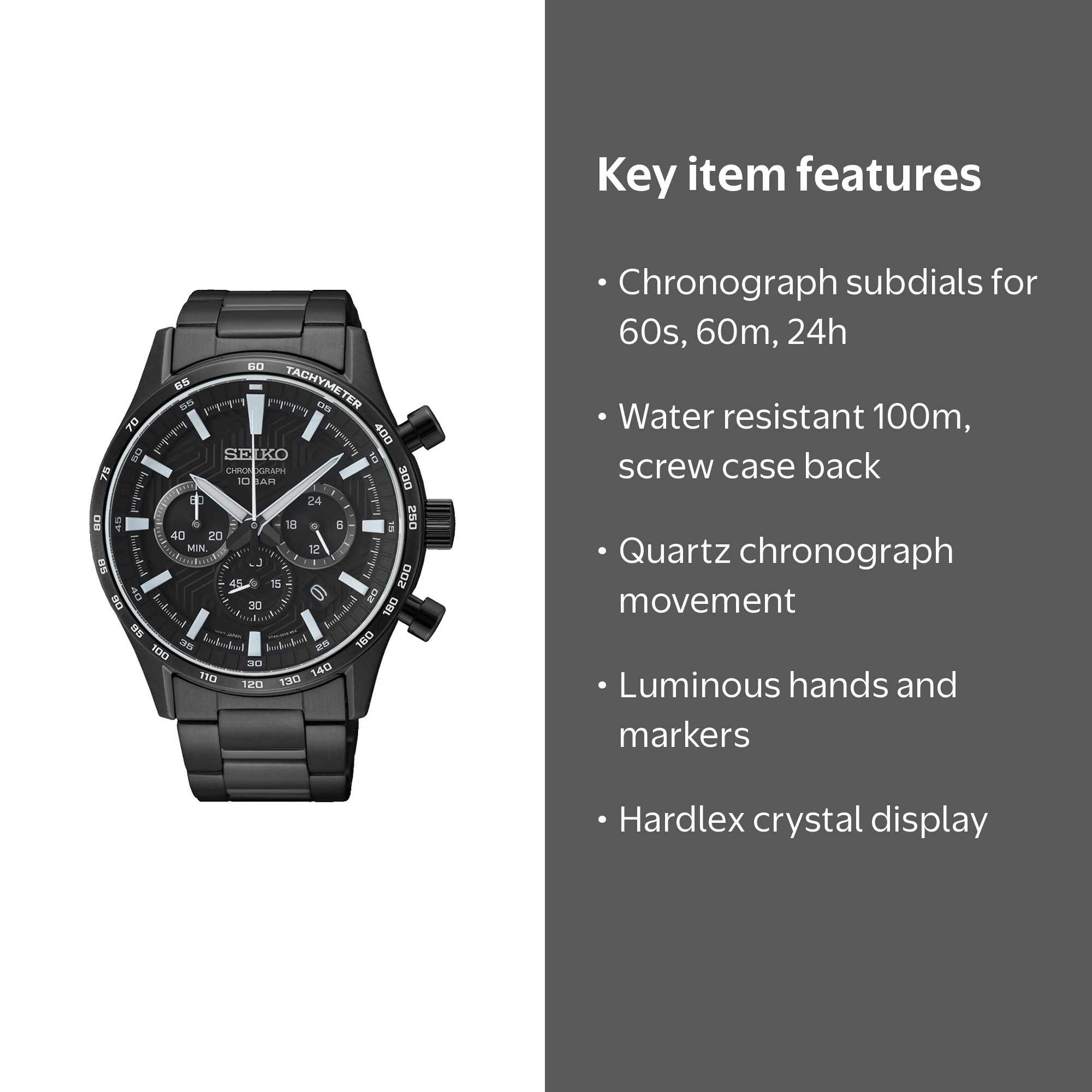 Seiko Essentials Edition Quartz Chronograph Watch, Black Dial