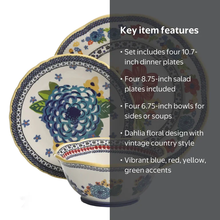 The Pioneer Woman Dazzling Dahlias 12-Piece Dinnerware Set