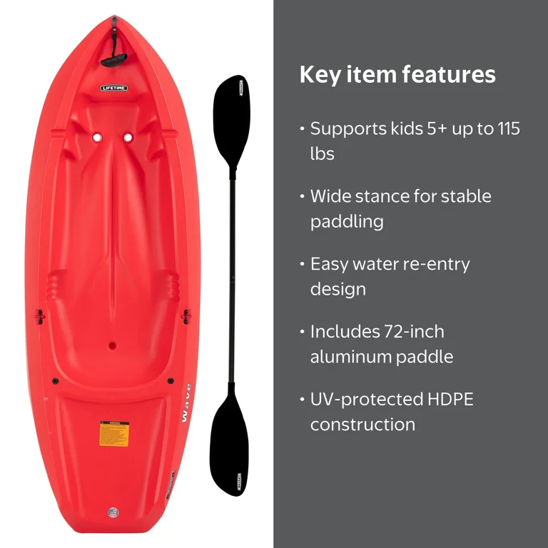 Lifetime Wave 6 ft Youth Sit-On-Top Kayak with Paddle, Fire Red