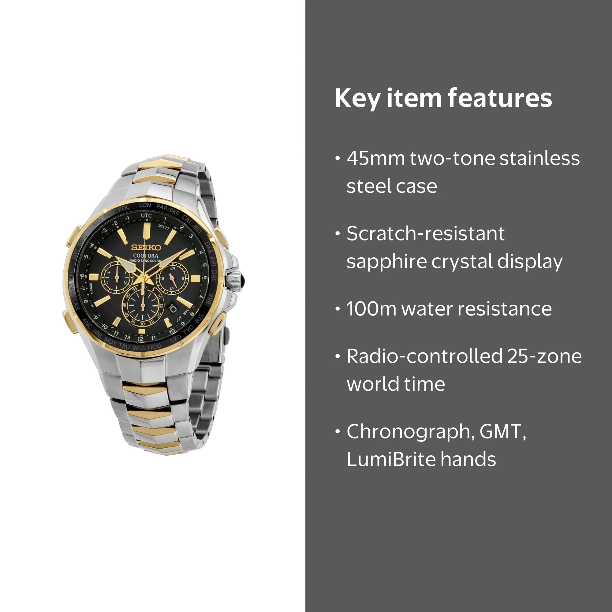 Seiko Coutura SSG010 Men's Two Tone Steel Watch, Black Dial, Radio