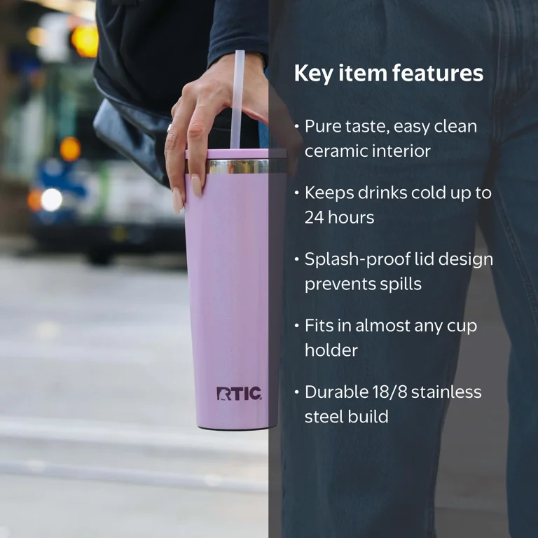 RTIC 28 oz Ceramic Lined Everyday Tumbler, Spill-Resistant Straw