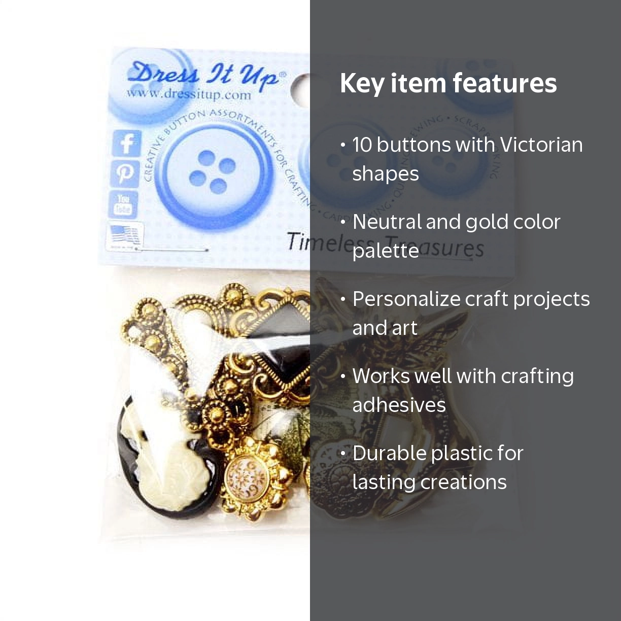 Dress It Up Victorian Craft Buttons Gold Plastic Set of 10 for Sewing Crafting