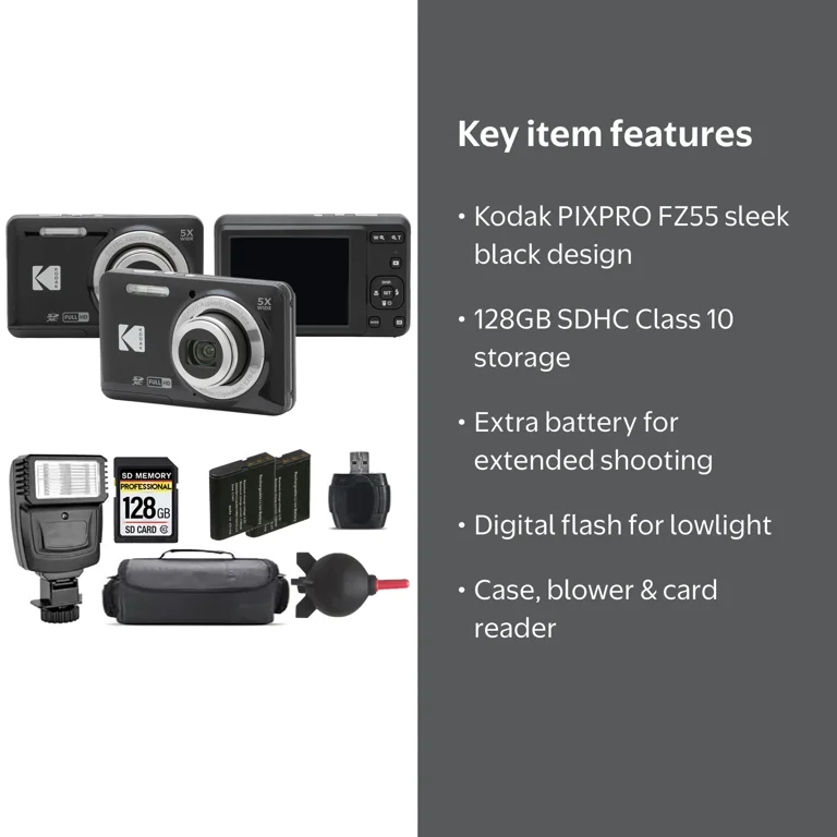 Kodak PIXPRO FZ55 Digital Camera Bundle - Extra Battery, Flash