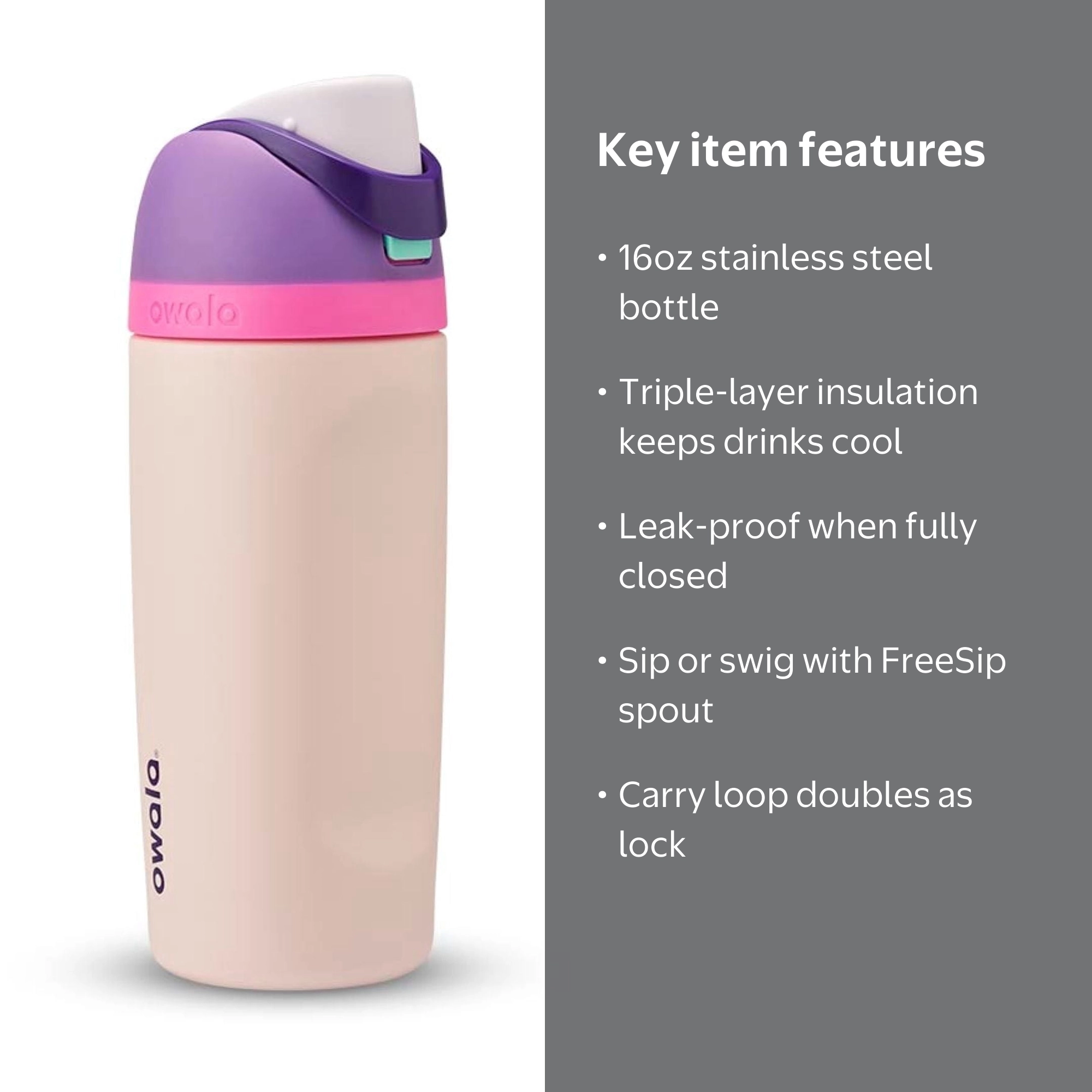 Owala, Kids Stainless Steel Water Bottle, 16oz, Bunny Business