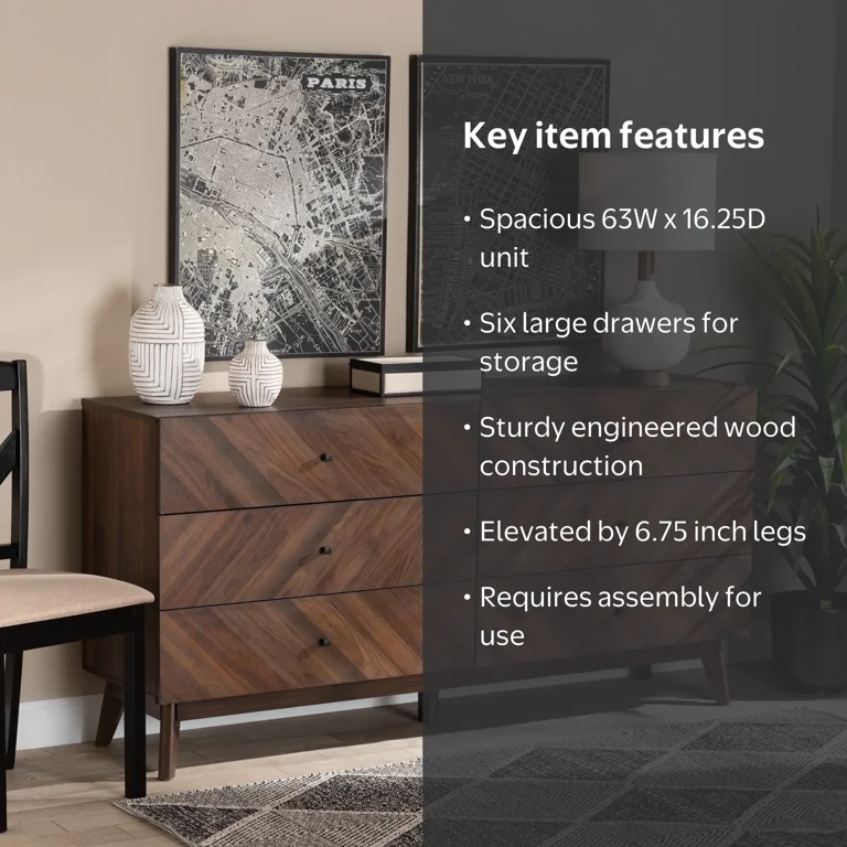 modern dark brown dresser Baxton Studio Hartman Dresser, Mid-Century Modern, Walnut Finished Wood, 6-Drawer, Size: One size, for Bedroom Color:Mist Blue