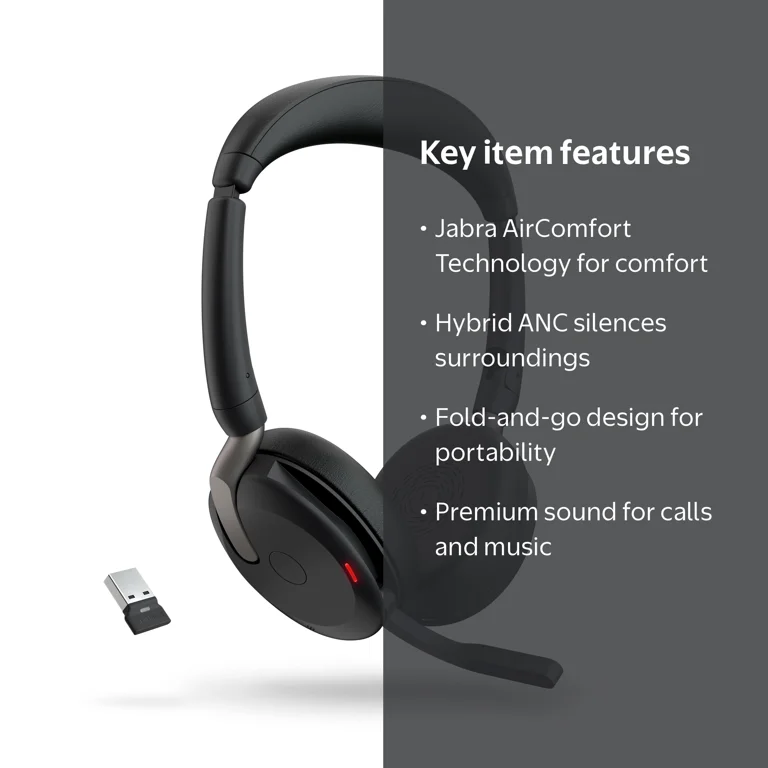 Jabra Evolve2 65 UC Headset - Wireless Bluetooth, 98.4 ft range