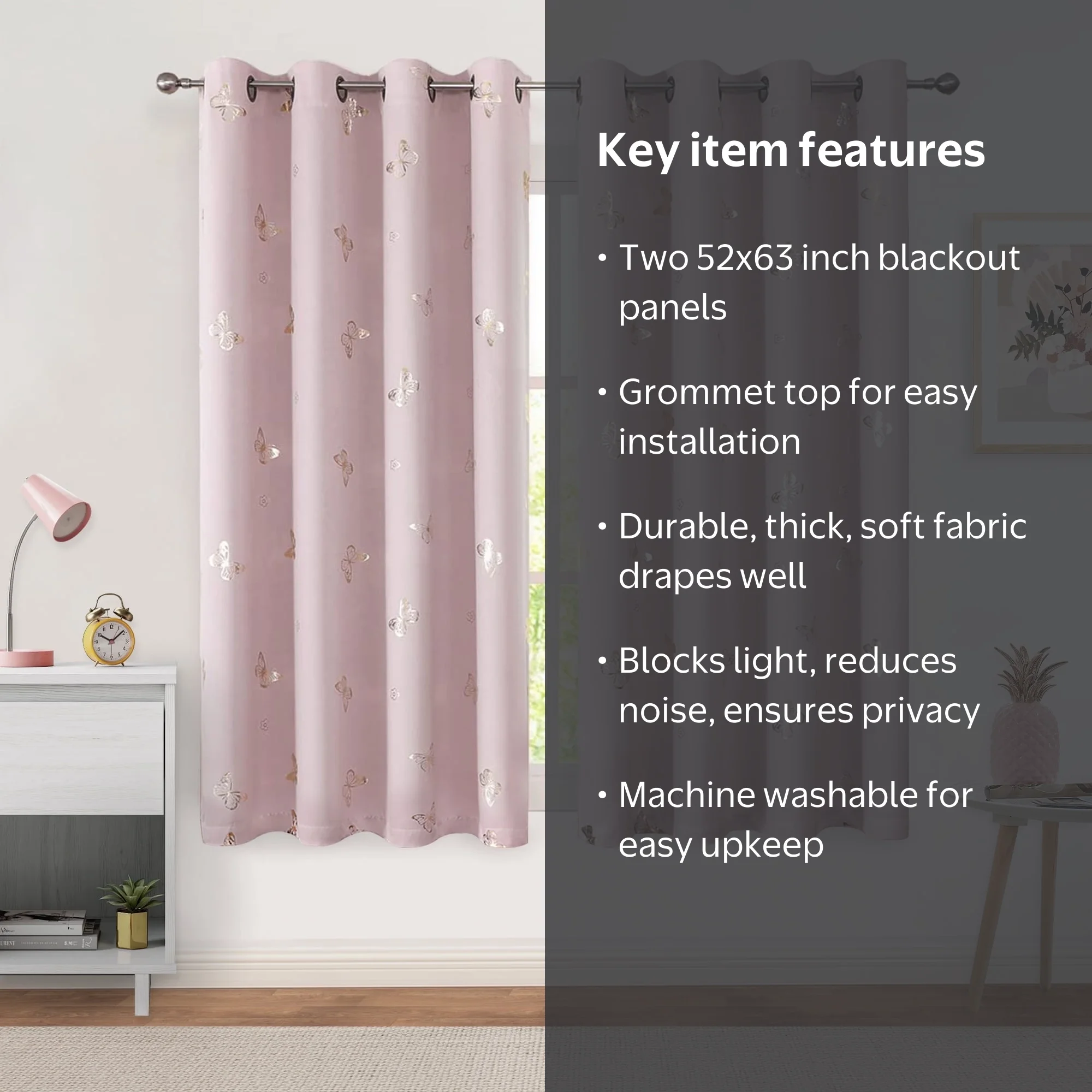 Flowpartex Pink Thermal Blackout Curtains, Gold Butterflies, 63
