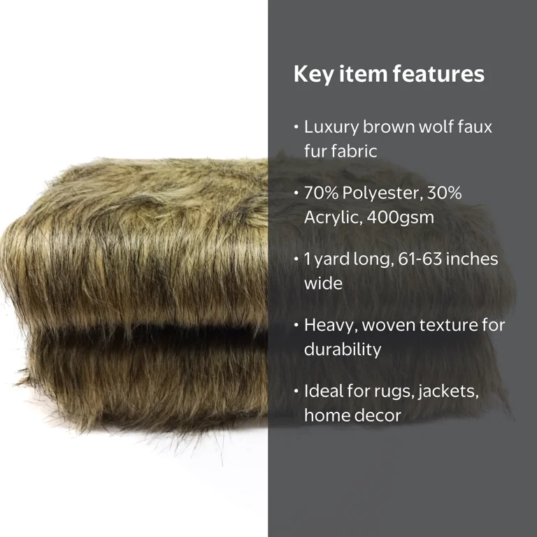 Shason Textile Faux Fur Wolf Long Pile Fabric, Brown, 58/60