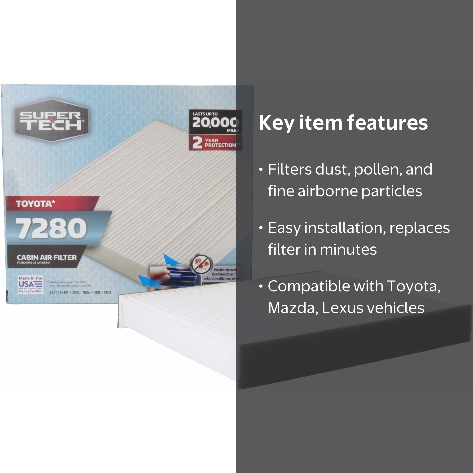 Super Tech, Cabin Air Filter, 7280, Replacement for Toyota and