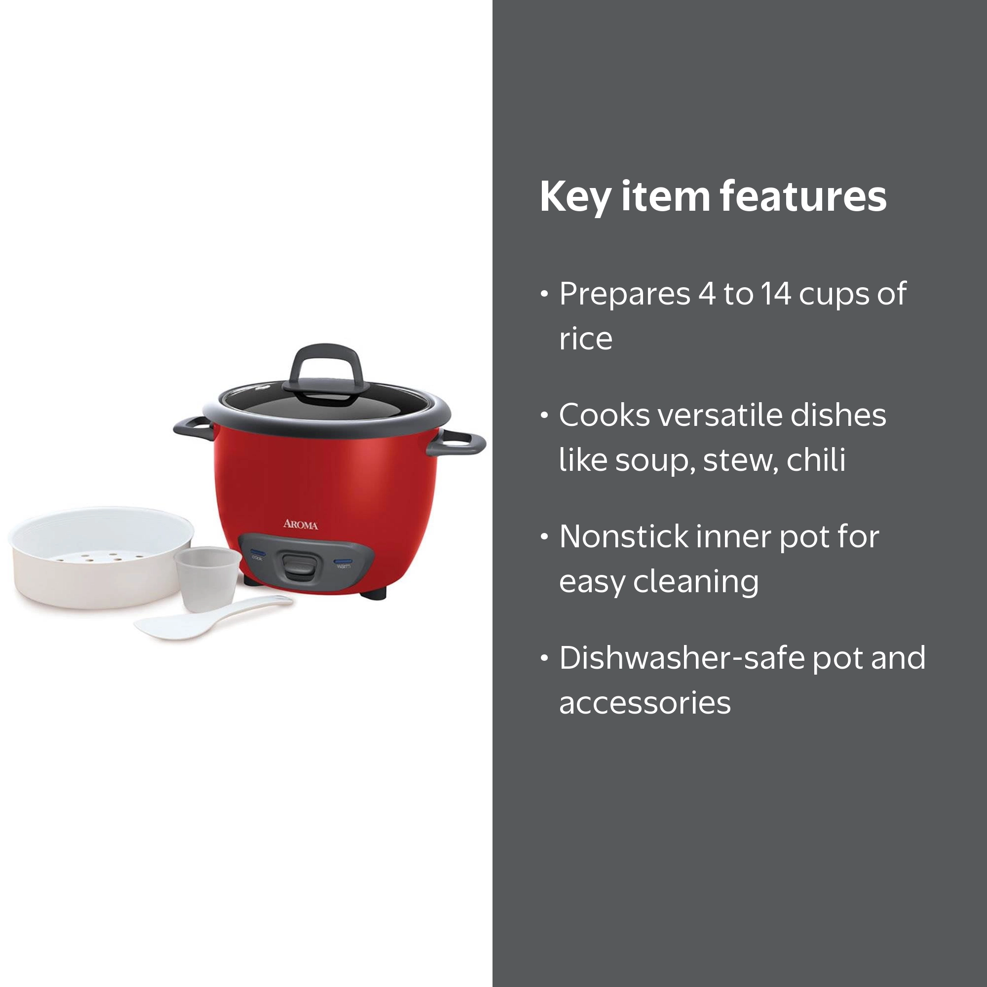 AROMA® 14-Cup (Cooked) / 3Qt. Rice & Grain Cooker, Red, New, ARC