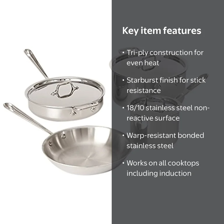 All-Clad, Cookware Set, 7 Piece, Stainless Steel, Dishwasher Safe