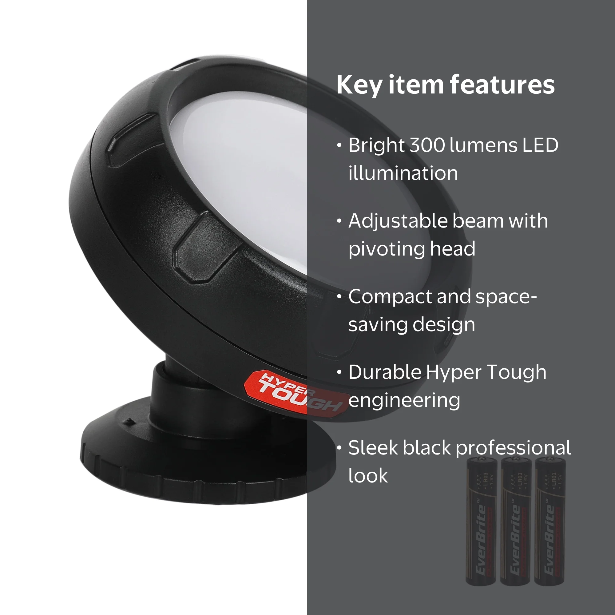 Hyper Tough LED Work Light, 300 Lumens, Pivoting Black Portable