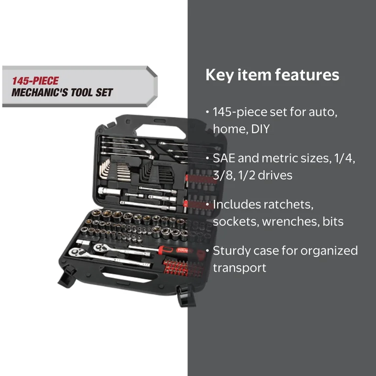 Hyper Tough 145-Piece Mechanics Tool Set, 1/4, 3/8 & 1/2-inch