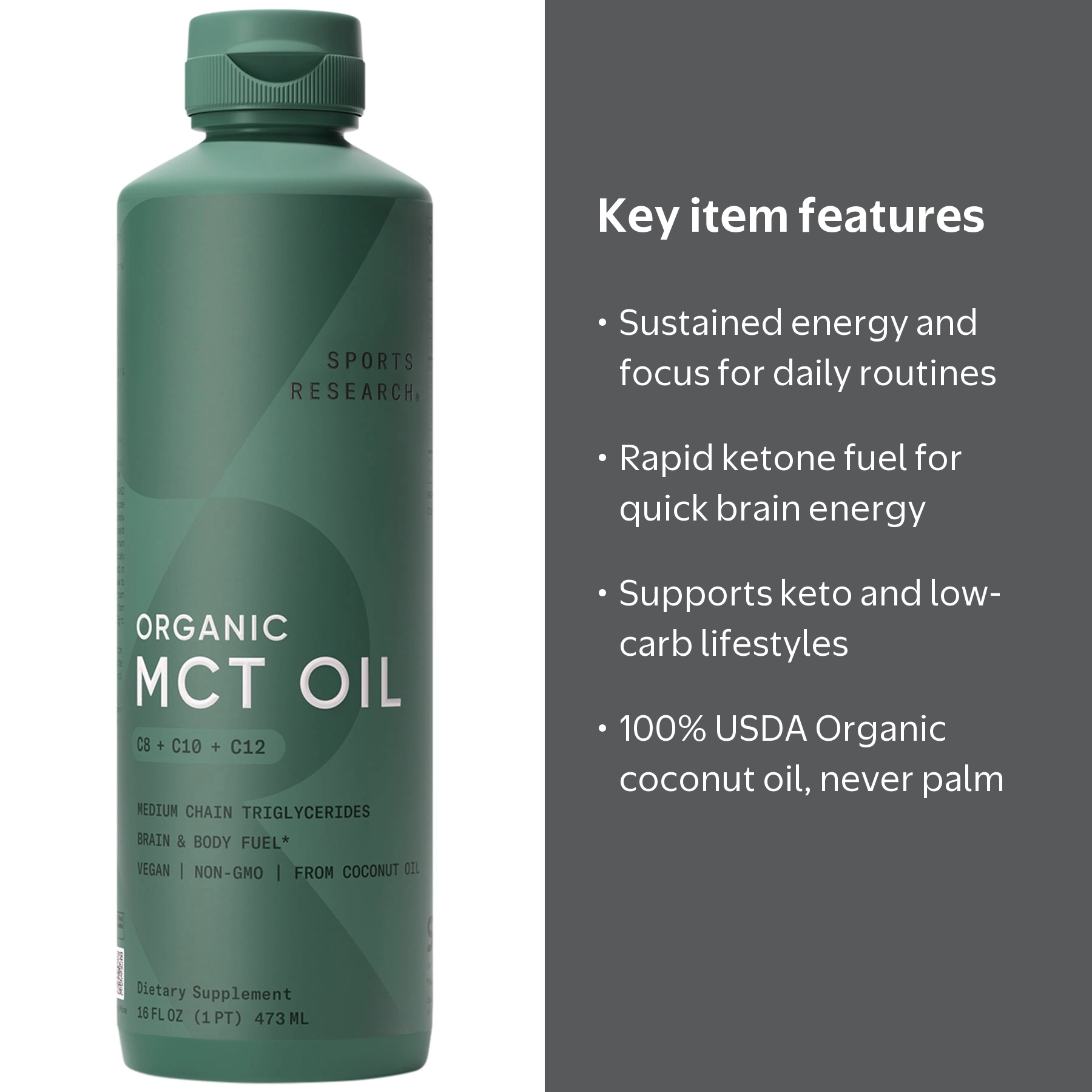 Sports Research, Organic MCT Oil, 16oz, Fatty Acid Fuel - Walmart.com