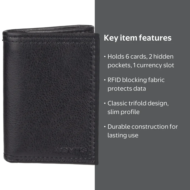 Levi's Men's Black RFID Trifold Wallet with Interior Zipper