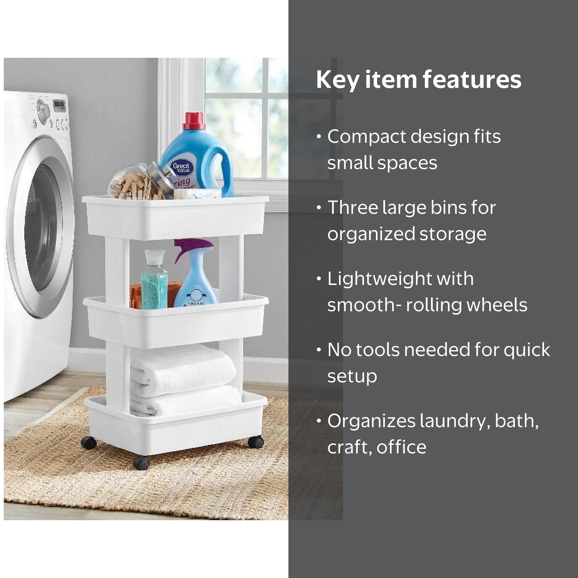 Mainstays 3-Tier Plastic Rolling Laundry Cart, Arctic White, 17.3W