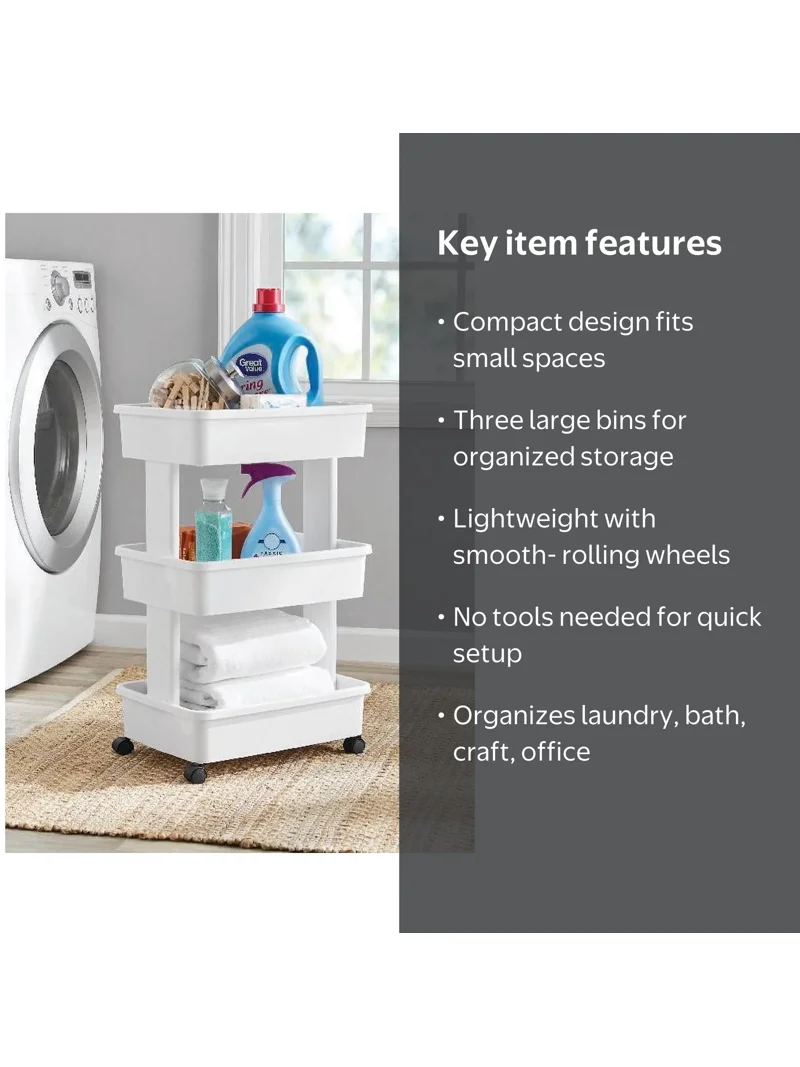 Mainstays 3-Tier Plastic Rolling Laundry Cart, Arctic White, 17.3W