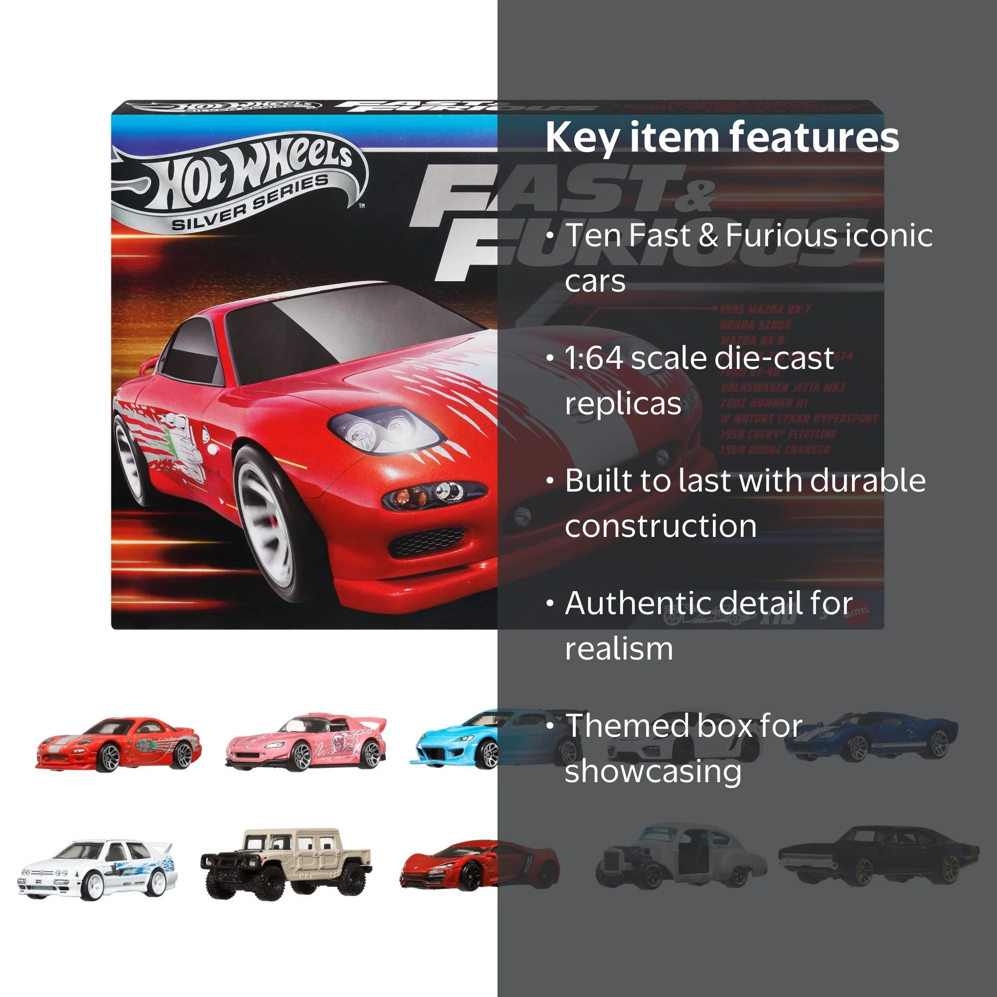 Hot Wheels Fast & Furious 1:64 Scale Die-Cast Toy Cars, Set of 10