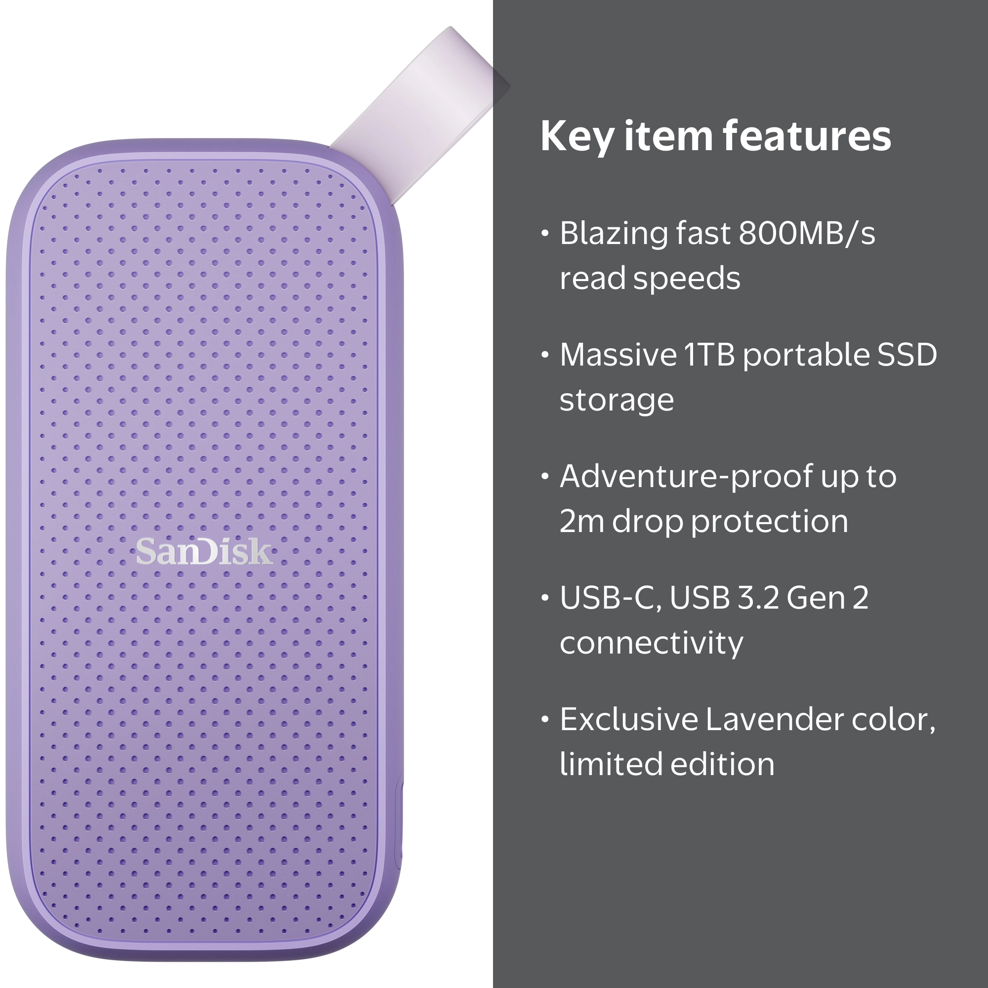 SanDisk 1TB Portable SSD - Lavender, up to 800MB/s, USB-C, USB 3.2