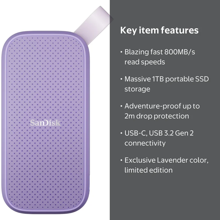 SanDisk 1TB Portable SSD - Lavender, up to 800MB/s, USB-C, USB 3.2