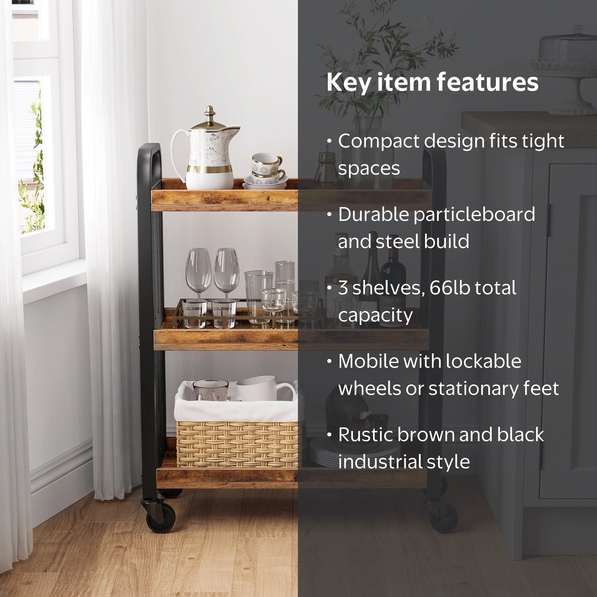 VASAGLE 3-Tier Narrow Kitchen Cart, Space Saving Organizer, Rustic