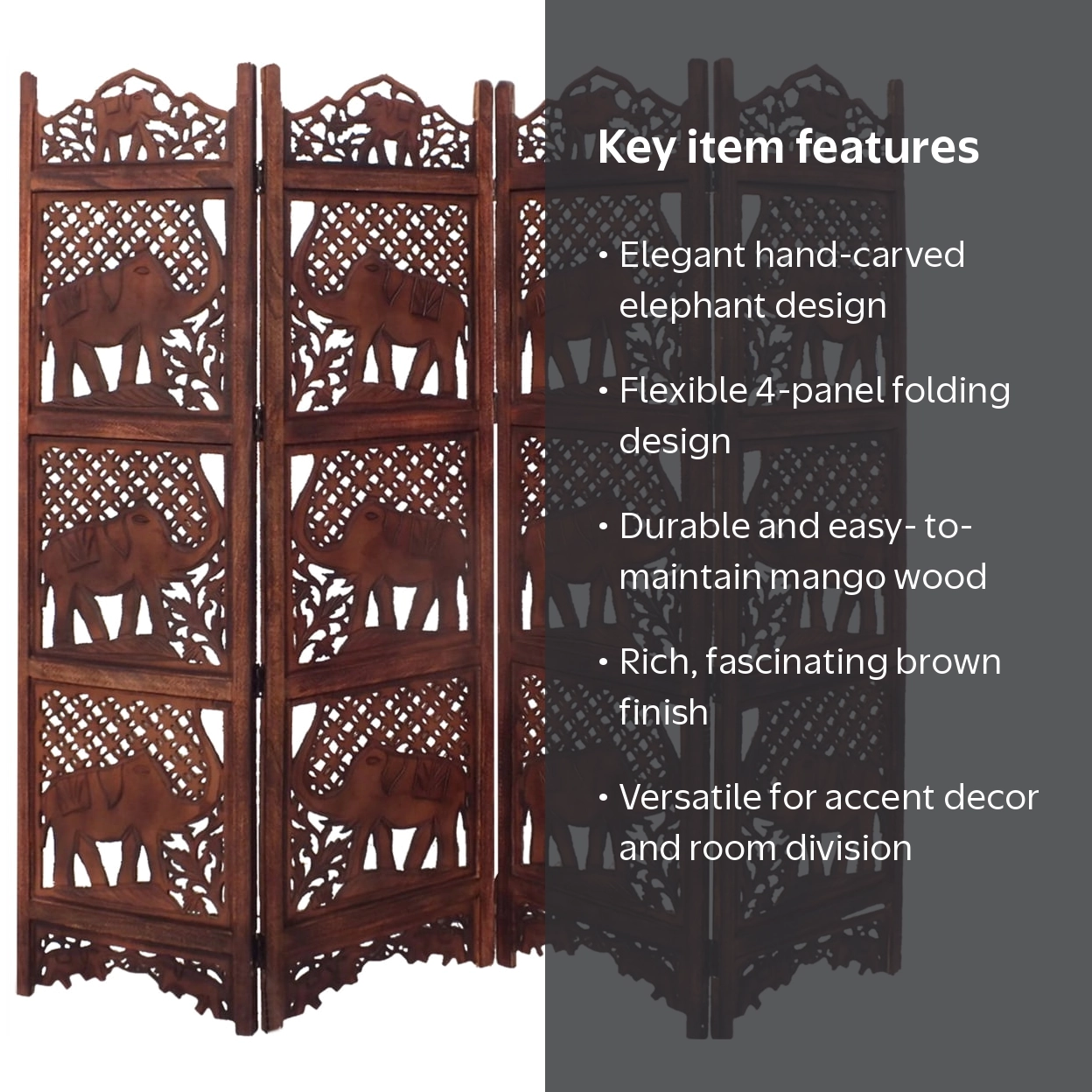 Hand Carved Elephant Design Foldable 4 Panel Wooden Room Divider
