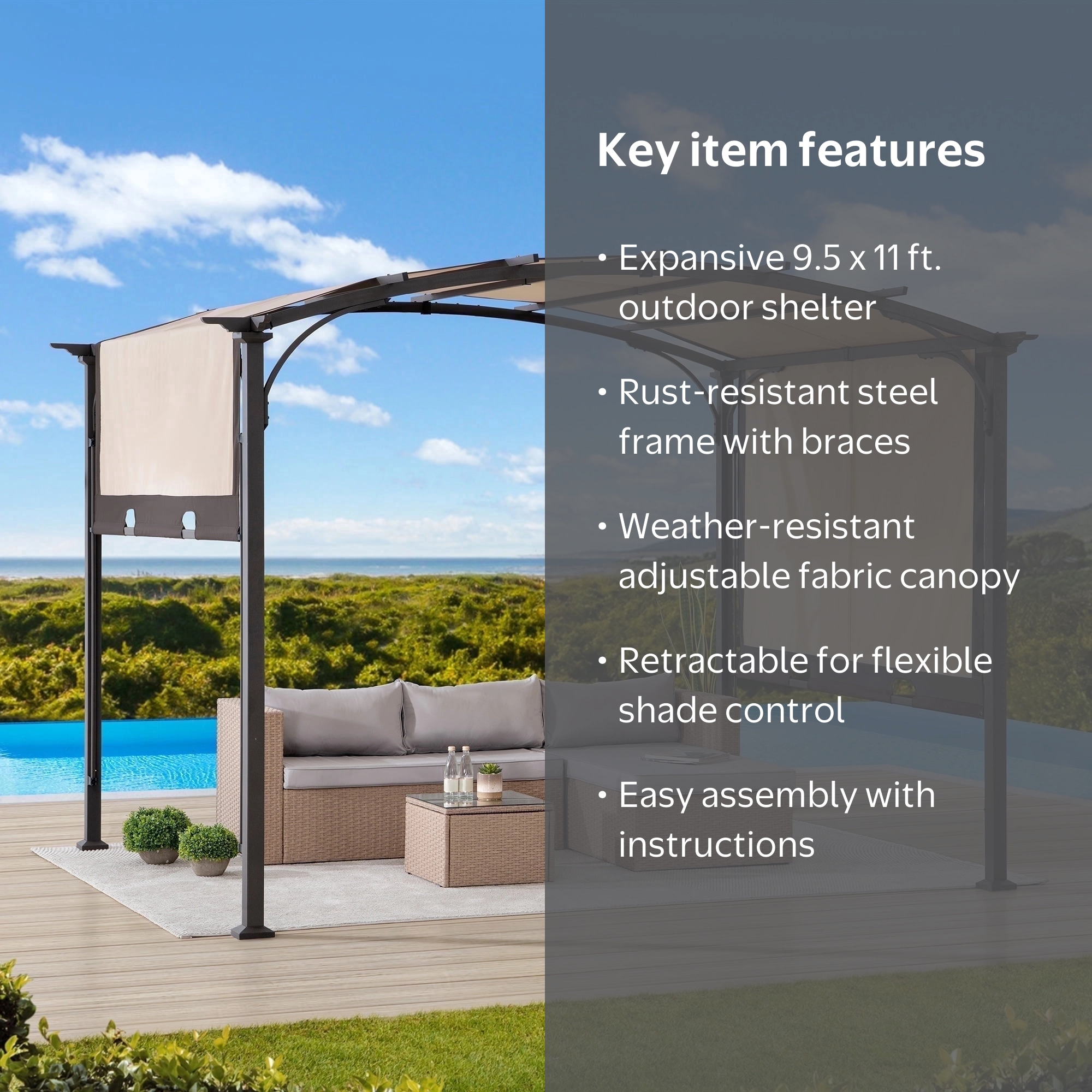 Sunjoy Lindt Retractable Metal 9.5 x 11 ft. Arched Pergola with