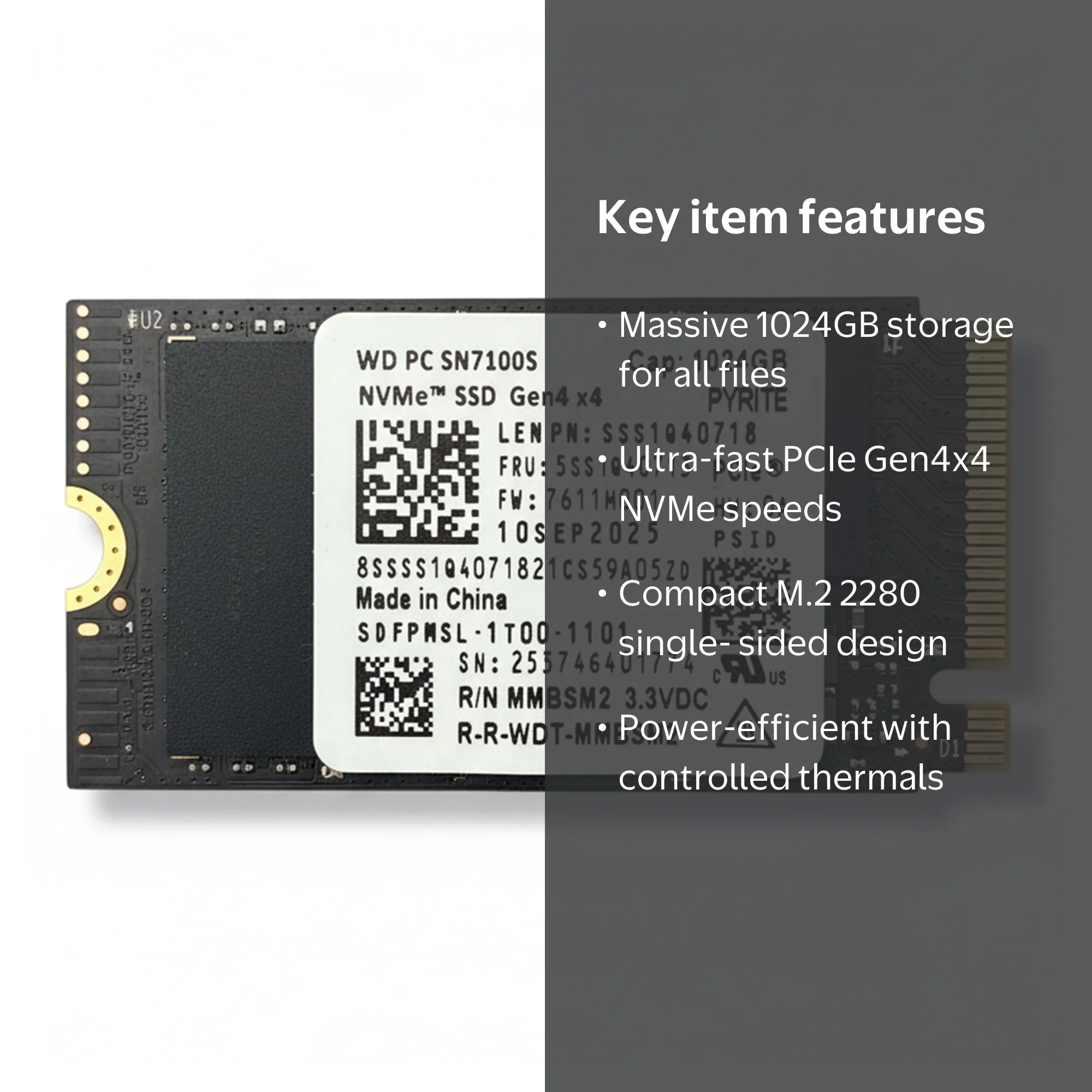 Western Digital PC SN7100S NVMe SSD 1024GB 2242 Gen 4x4 SDFPMSL