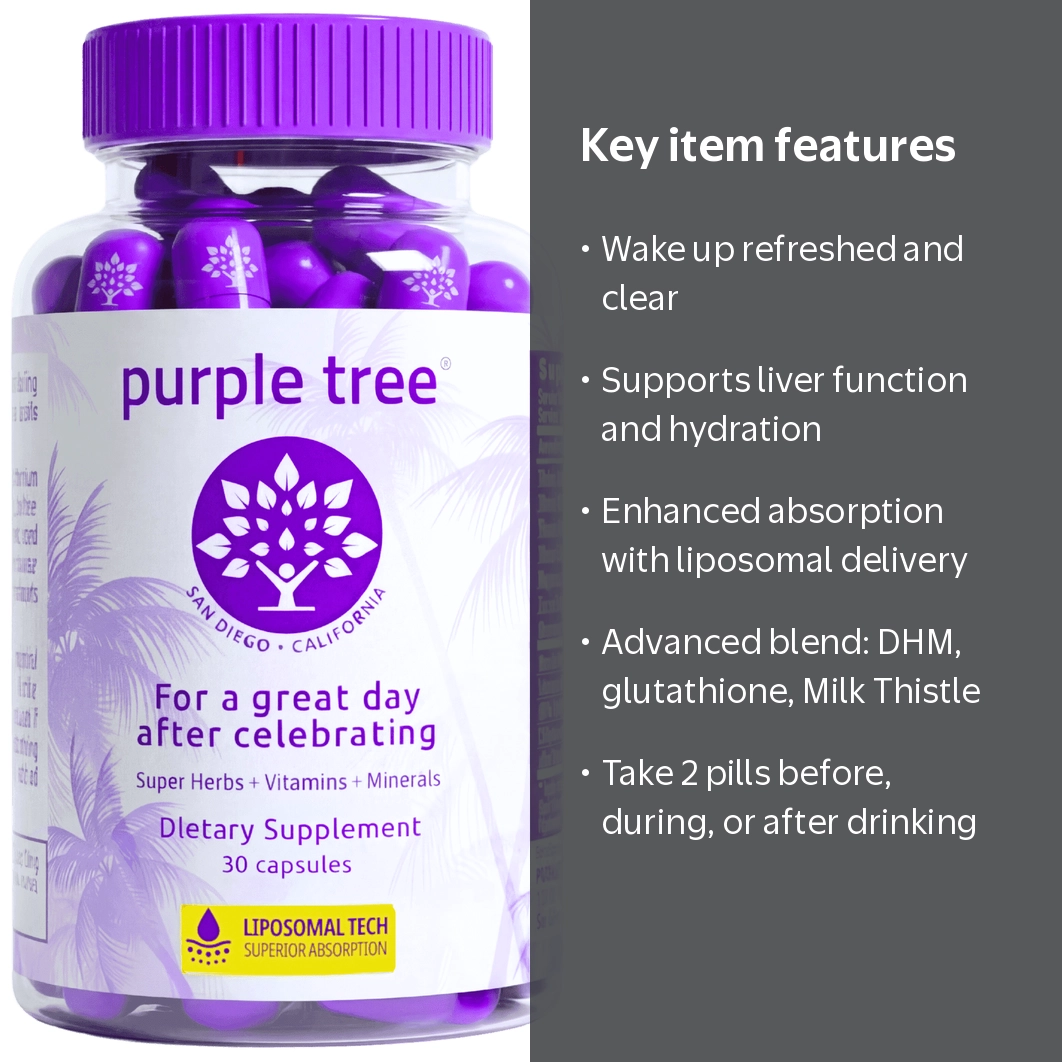 Purple Tree Post-Celebration Wellness Supplement with Liposomal DHM, Glutathione & Milk Thistle for Liver Support, Hydration & Morning Recovery, 30 