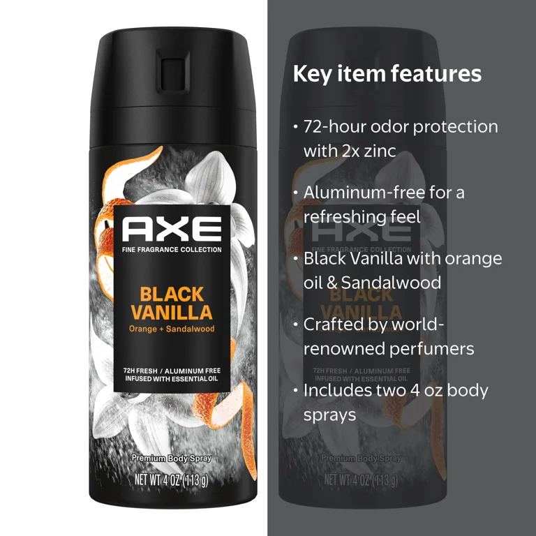 Axe Deodorant Body Spray For Men Black Vanilla Aluminum Free, 4 oz 2 Count