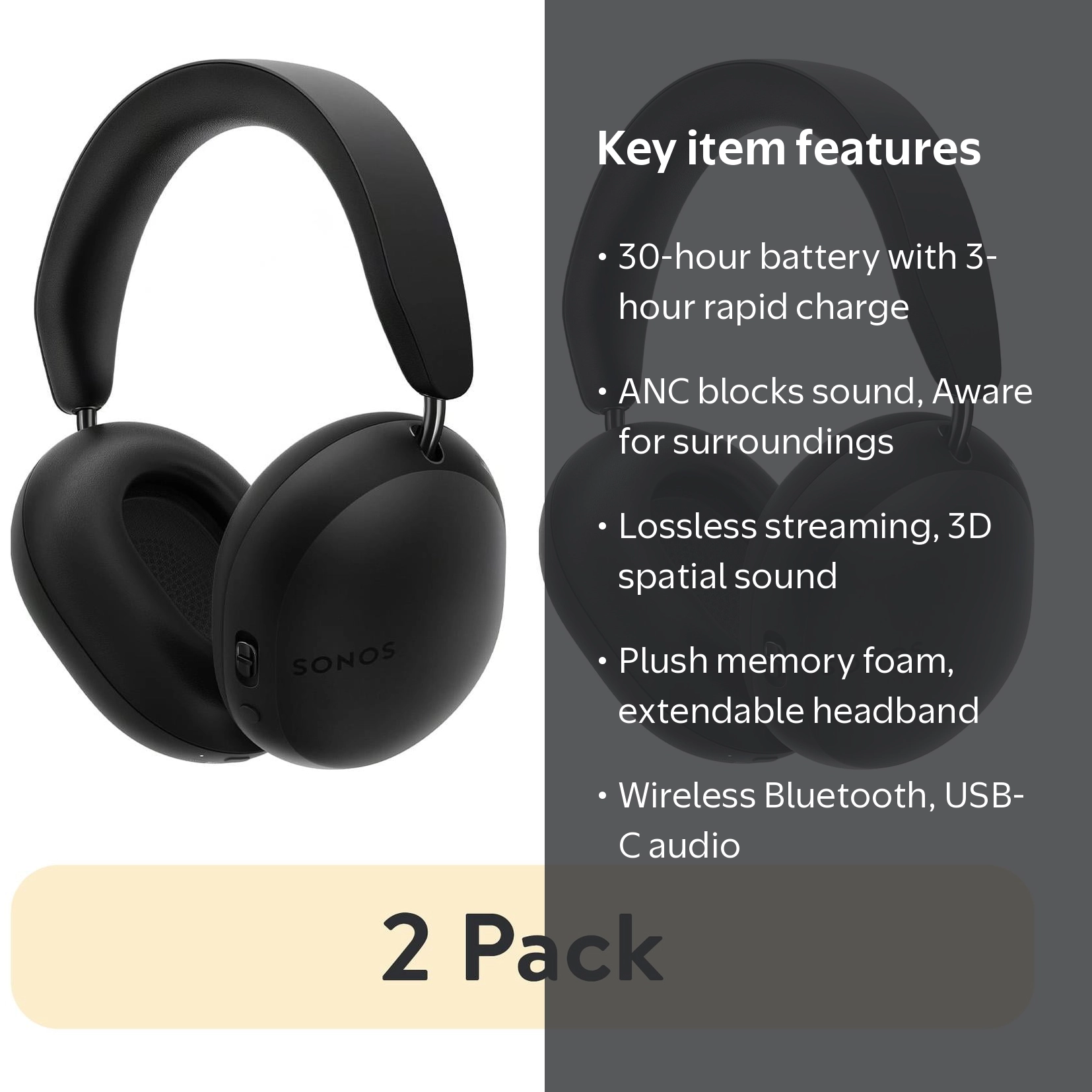 2 pack) Sonos Ace Wireless Noise Canceling Over Ear Headphones