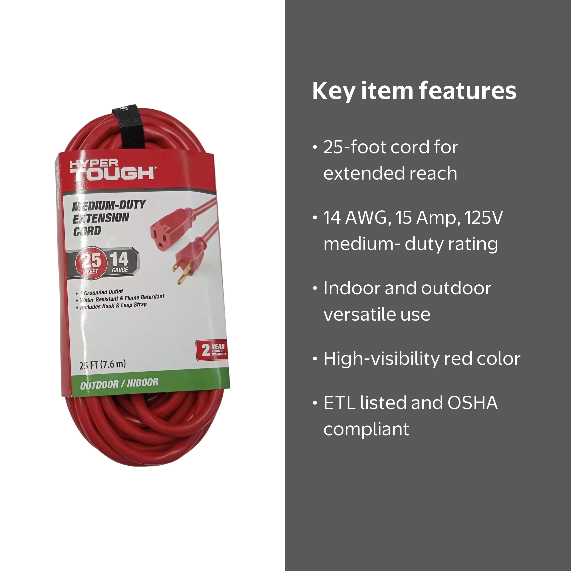 Hyper Tough 25FT 14/3 Outdoor Extension Cord 15A 125V with