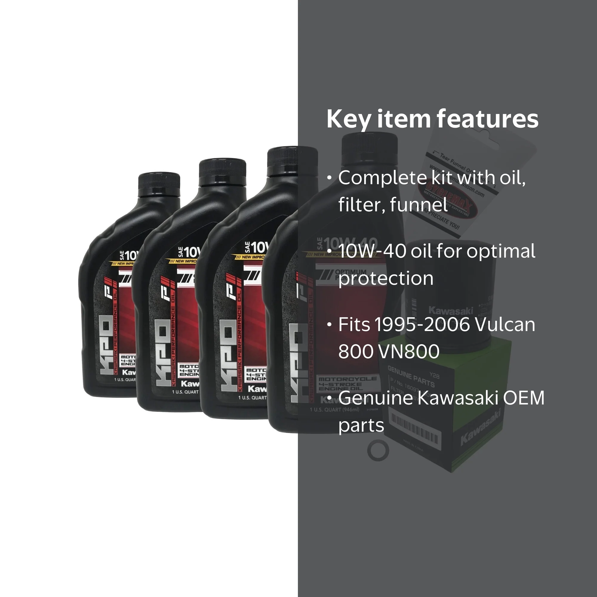 Kawasaki, OEM Oil Change Kit, includes four quarts 10W-40 oil