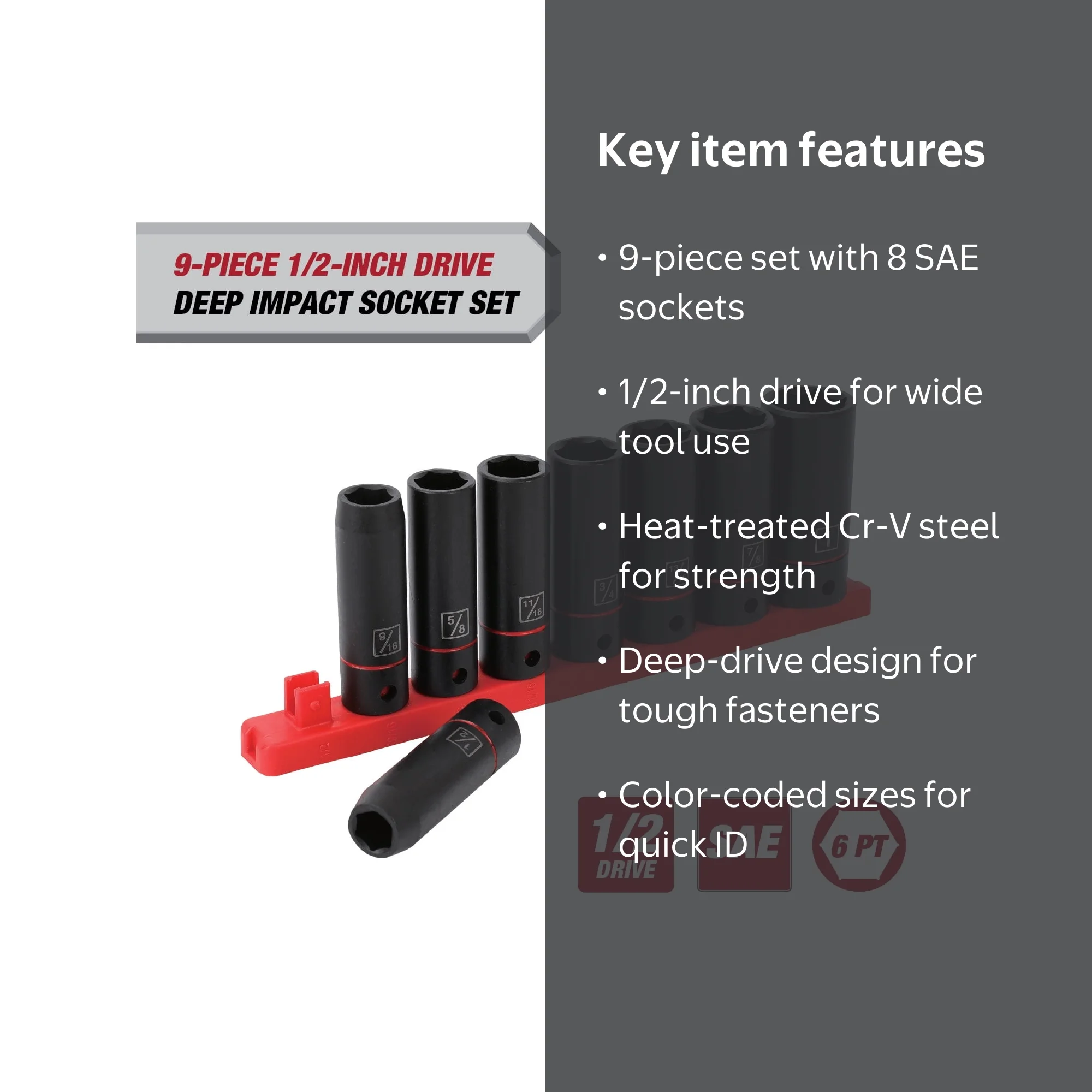 Hyper Tough 9-Piece 1/2-inch Drive Deep Impact Socket Set (SAE