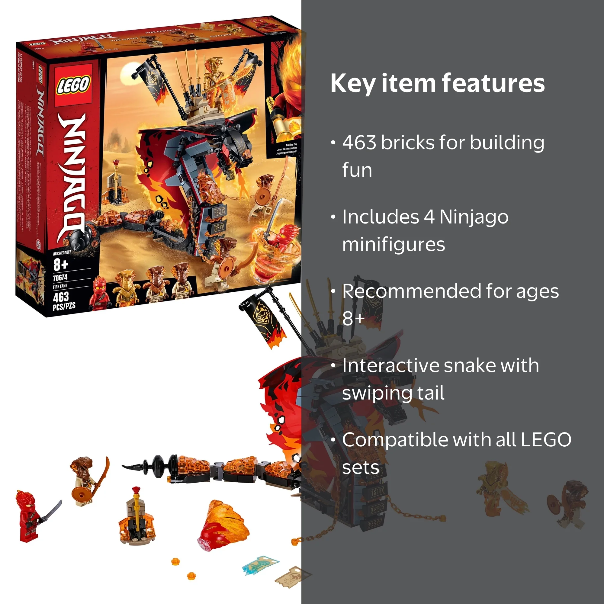 LEGO NINJAGO Fire Fang 70674 Snake Action Toy, 463 pieces