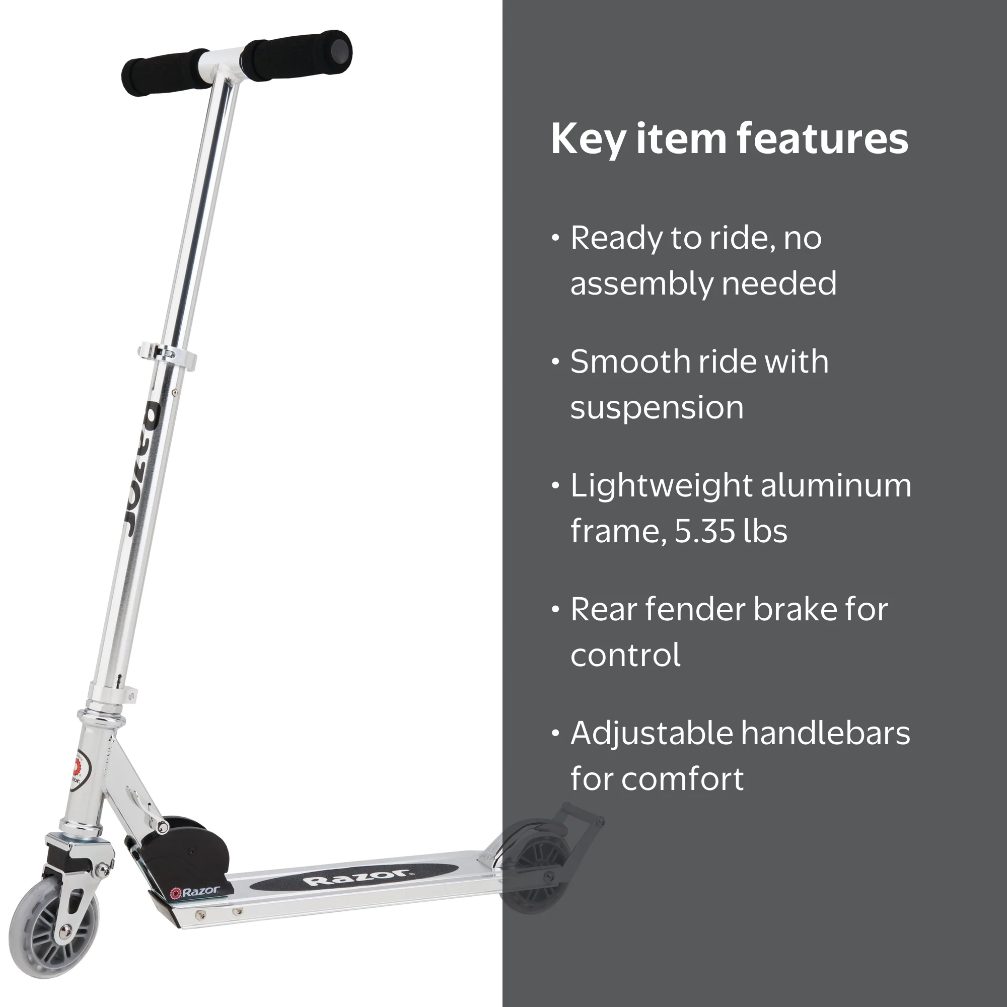 Razor A2 Folding Kick Scooter – Clear/Black, Wheelie Bar