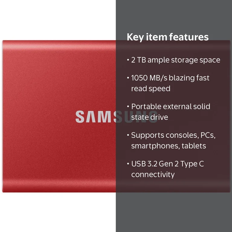 SAMSUNG T7 2TB Portable SSD - USB 3.2, Red - Fast Transfer for PC