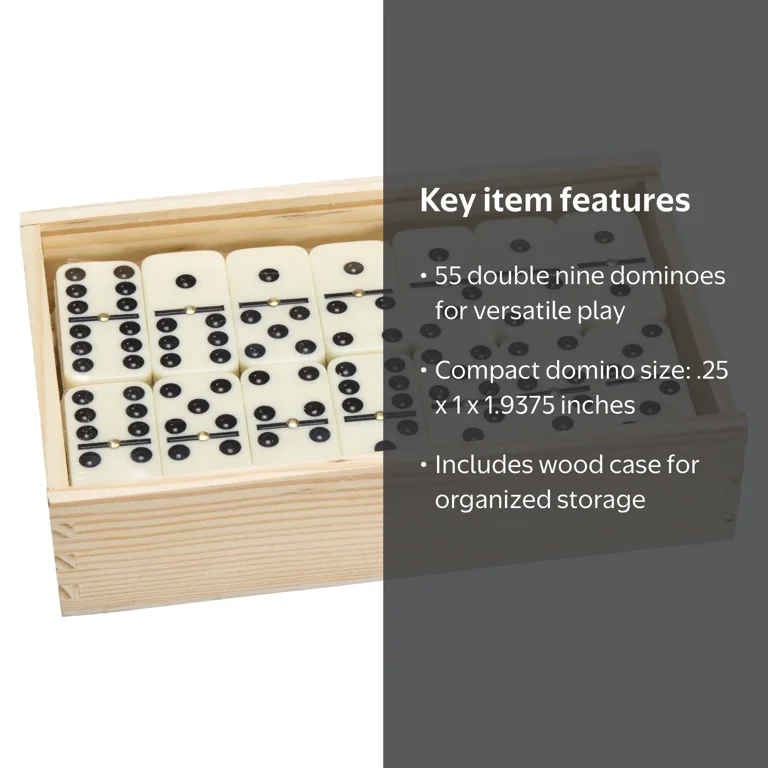 HEY! PLAY!, Double Nine Dominoes, 55pc, Plastic, Wood Case