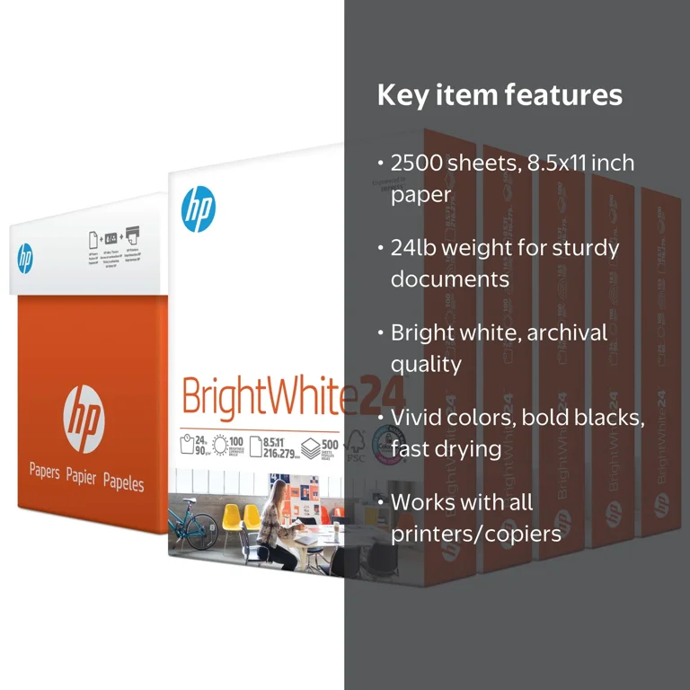 HP, Printer Paper, Brightwhite 24lb, 8.5x11, 5 Ream, White