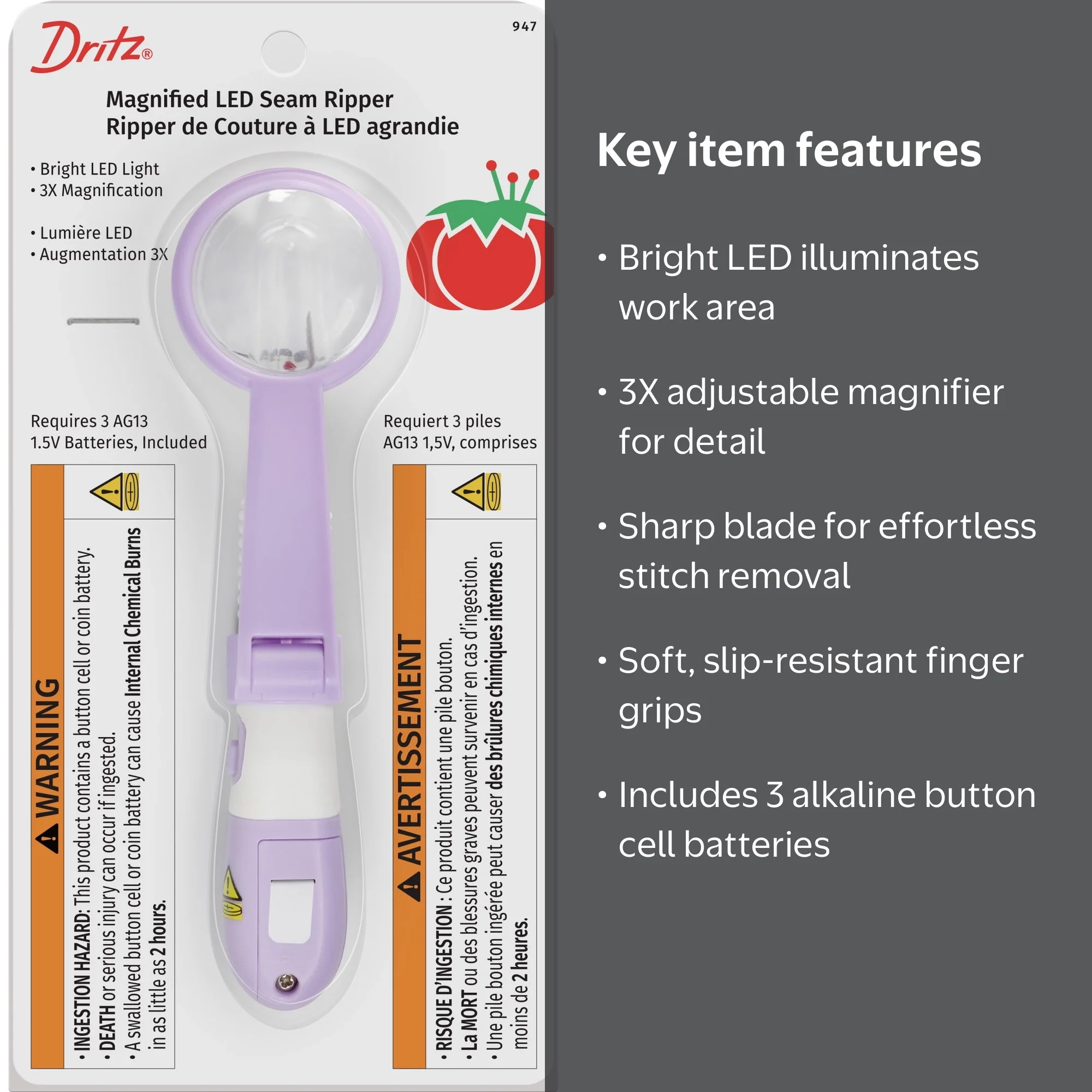 Dritz Magnified LED Seam Ripper with 3X Magnification, Bright LED
