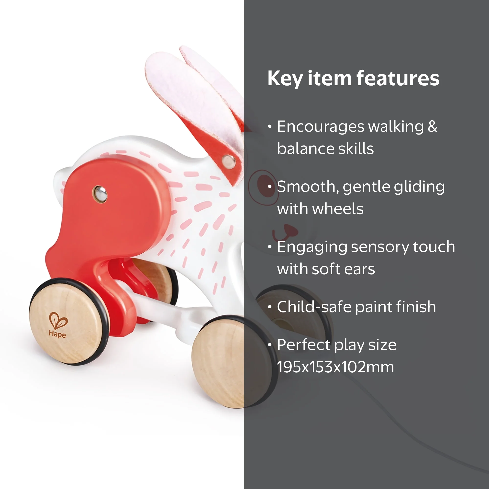 Hape: Pull Along - Bunny - White & Red - Wooden Animal Toy, Rubber