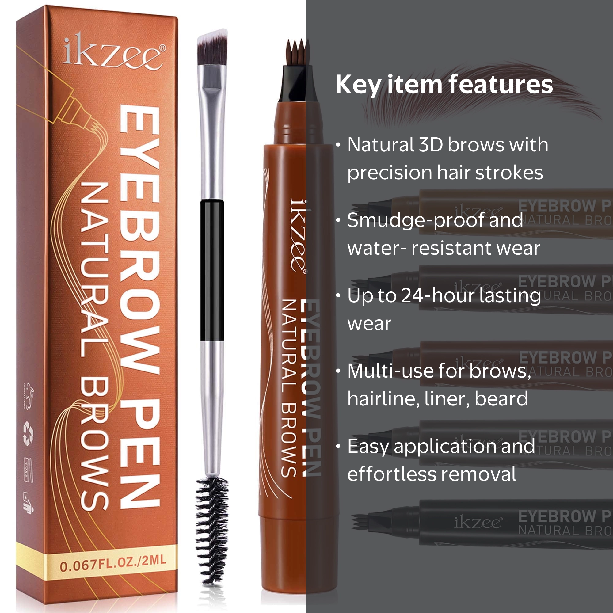 ikzee Eyebrow Pen (Brown), 4 Fork Tip for 3D Natural Eyebrow, Hair