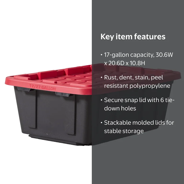 Hyper Tough 17 Gallon Medium Storage Bin with Snap Lid, Black and