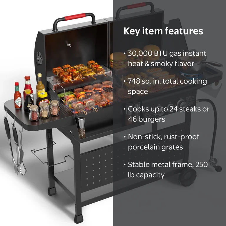Tcisa, 3-Burner Gas and Charcoal Grill Combo, 748 sq in, Black