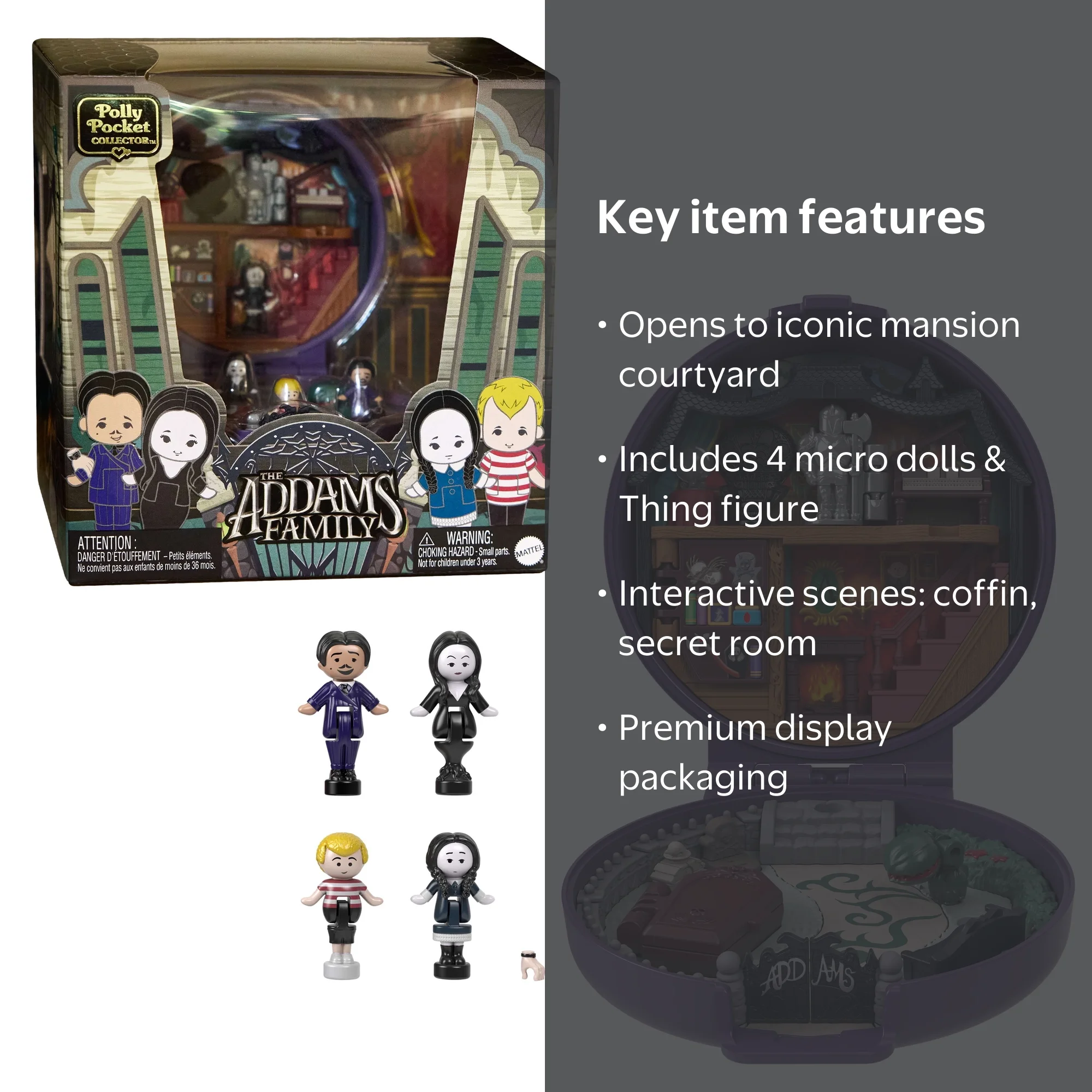 Estuche Polly Pocket De La Familia Addams Con 4 Micromuñecos, Figura De Cosa Y 10 Accesorios, Para Coleccionistas
