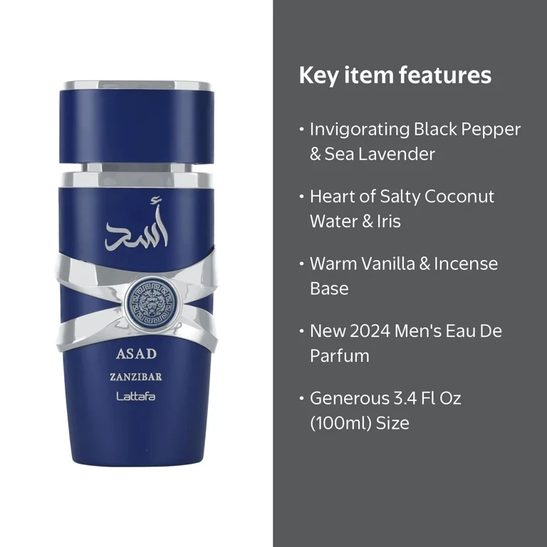 Lattafa Asad Zanzibar for Men Eau De Parfum Spray. 3.4 Ounce (Dark