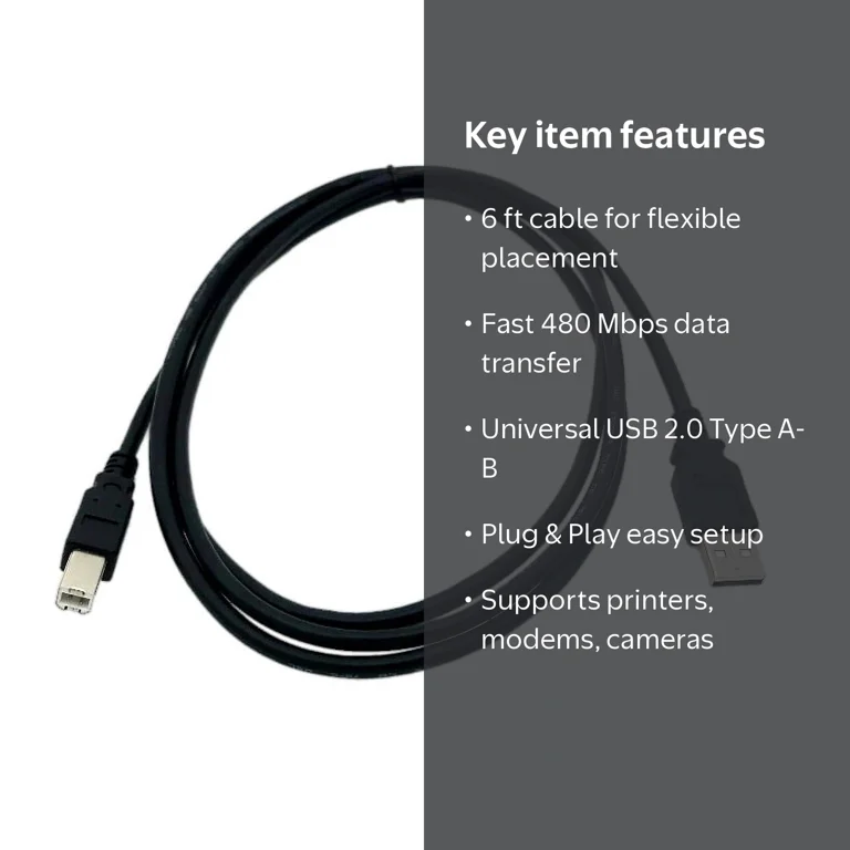 Kentek 6ft Long USB Cable Wire for Canon, Epson, HP, Brother