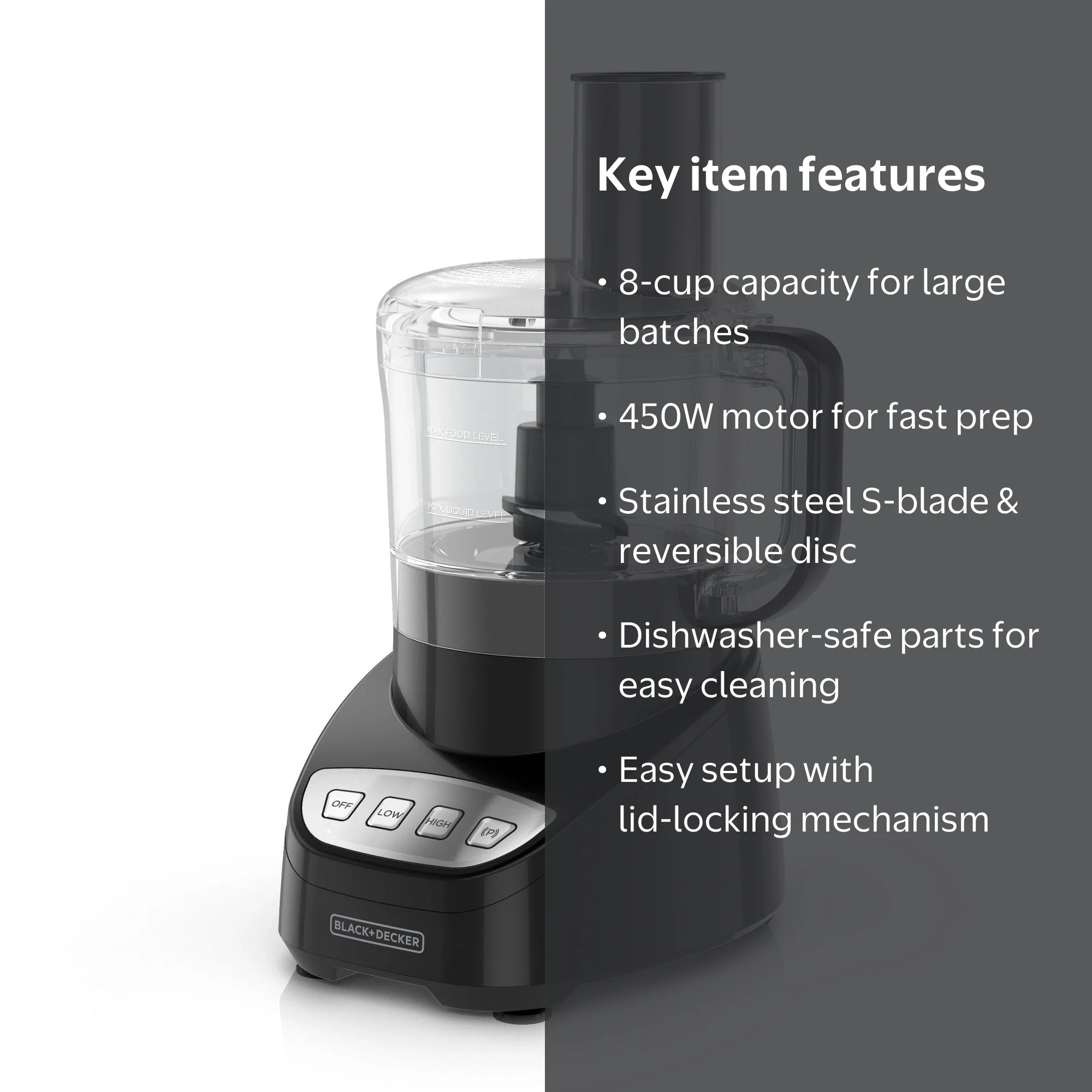 BLACK+DECKER Food Processor, 8-Cup, 450W, Stainless Steel Blades
